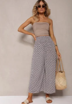 Czarno-Beżowe Spodnie High Waist z Bawełny z Rozszerzanymi Nogawkami i Gumką Nereialla