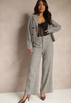 Czarno-Beżowe Spodnie z Wiskozą High Waist o Szerokim Kroju w Pepitkę Enithra