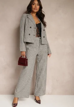 Czarno-Beżowe Spodnie z Wiskozą High Waist o Szerokim Kroju w Pepitkę Enithra