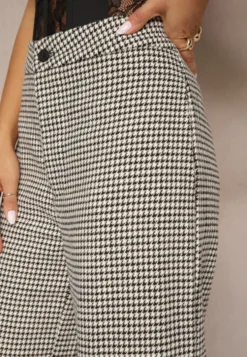 Czarno-Beżowe Spodnie z Wiskozą High Waist o Szerokim Kroju w Pepitkę Enithra