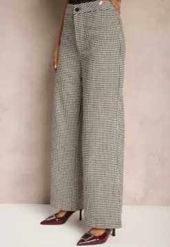 Czarno-Beżowe Spodnie z Wiskozą High Waist o Szerokim Kroju w Pepitkę Enithra