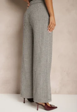 Czarno-Beżowe Spodnie z Wiskozą High Waist o Szerokim Kroju w Pepitkę Enithra