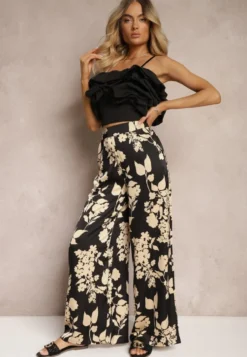 Czarno-Beżowe Szerokie Spodnie Palazzo z Gumką w Talii i High Waist Dimianna