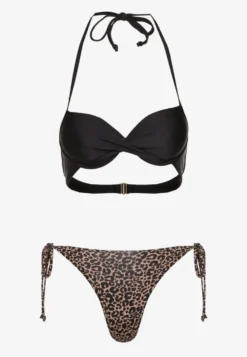 Czarno-Beżowe Wiązane Bikini Biustonosz Halter i Majtki Figi Savadine