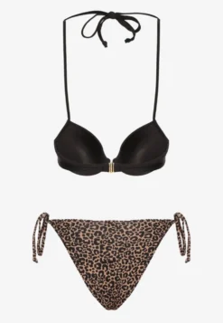 Czarno-Beżowe Wiązane Bikini Biustonosz Halter i Majtki Figi Savadine