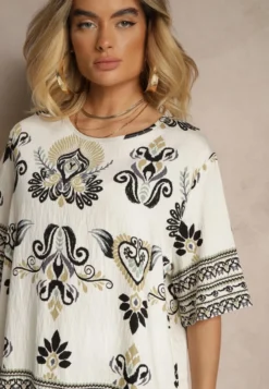 Czarno-Beżowy Wiskozowy Komplet w Orientalny Print Szerokie Spodnie i T-shirt Pollialia