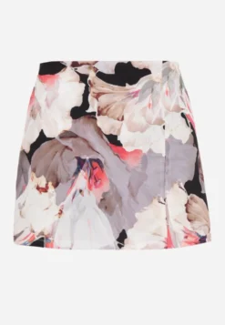 Czarno-Bezowe Spódnico-Szorty High Waist w Kwiaty Delliena
