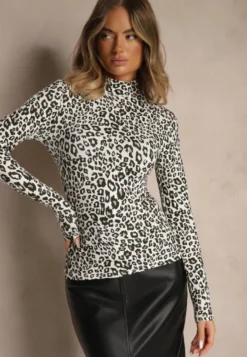 Czarno-Biała Bawełniana Bluzka Typu Longsleeve z Golfem w Panterkę Falarine