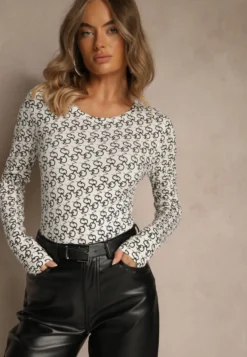 Czarno-Biała Bluzka Longsleeve z Bawełny Ozdobiony Literowym Wzorem Javelina