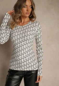 Czarno-Biała Bluzka Longsleeve z Bawełny Ozdobiony Literowym Wzorem Javelina