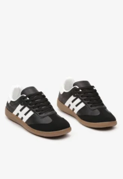 Czarno-Białe Casualowe Sznurowane Sneakersy na Płaskiej Podeszwie z Paskami po Bokach Weiara