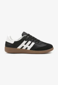 Czarno-Białe Casualowe Sznurowane Sneakersy na Płaskiej Podeszwie z Paskami po Bokach Weiara