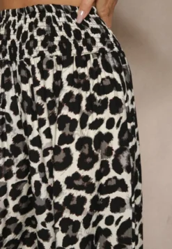 Czarno-Białe Panterkowe Spodnie z Wiskozy High Waist Ellilune