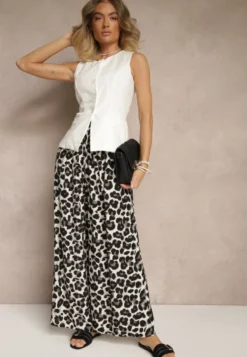 Czarno-Białe Panterkowe Spodnie z Wiskozy High Waist Ellilune