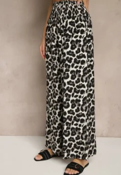 Czarno-Białe Panterkowe Spodnie z Wiskozy High Waist Ellilune