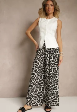 Czarno-Białe Panterkowe Spodnie z Wiskozy High Waist Ellilune