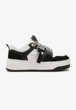 Czarno-Białe Sneakersy na Niskiej Platformie z Zawieszką i Ozdobnymi Sznurówkami Salam