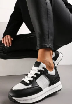 Czarno-Białe Sneakersy na Platformie ze Wstawkami z Brokatu Ovilia