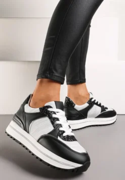 Czarno-Białe Sneakersy na Platformie ze Wstawkami z Brokatu Ovilia