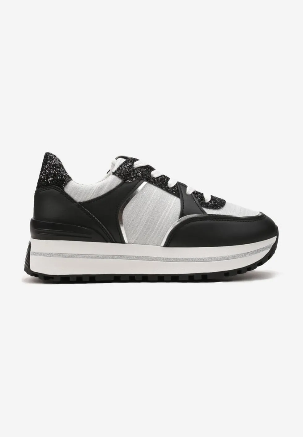Czarno-Białe Sneakersy na Platformie ze Wstawkami z Brokatu Ovilia