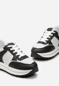 Czarno-Białe Sneakersy na Platformie ze Wstawkami z Brokatu Ovilia