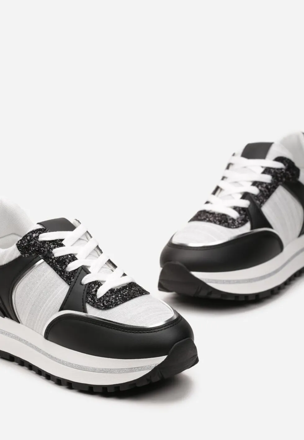 Czarno-Białe Sneakersy na Platformie ze Wstawkami z Brokatu Ovilia