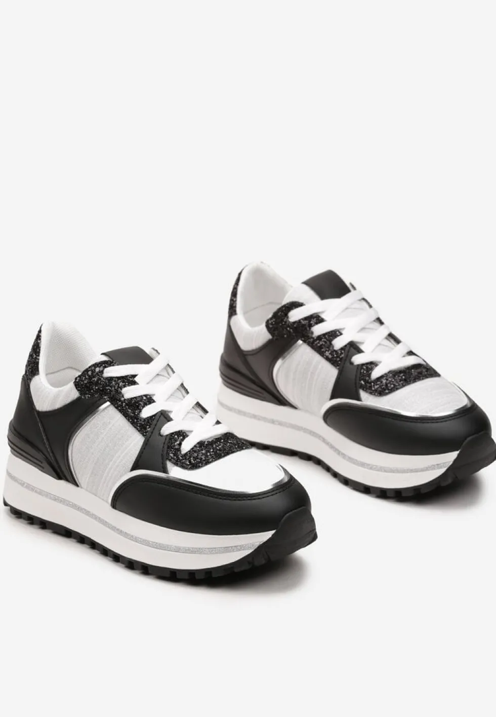 Czarno-Białe Sneakersy na Platformie ze Wstawkami z Brokatu Ovilia