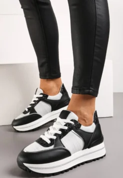 Czarno-Białe Sneakersy na Platformie ze Wstawkami z Brokatu Ovilia