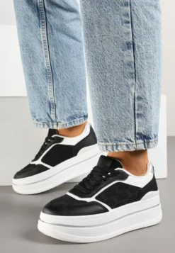 Czarno-Białe Sneakersy na Platformie z Tłoczoną Cholewką Callirae