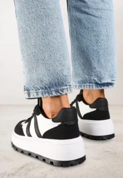 Czarno-Białe Sneakersy na Tłoczonej Platformie z Ozdobnymi Paskami Fonivena