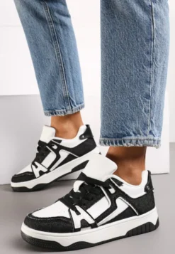 Czarno-Białe Sneakersy Ozdobione Jeansowymi Naszywkami Cliome