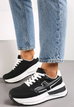 Czarno-Białe Sneakersy przed Kostkę na Platformie z Wstawką Evienne