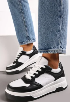 Czarno-Białe Sneakersy Sznurowane na Grubej Podeszwie Ainne