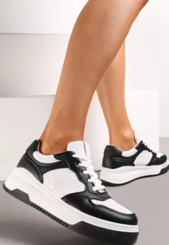 Czarno-Białe Sneakersy Sznurowane na Grubej Podeszwie Ainne