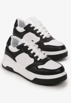 Czarno-Białe Sneakersy Sznurowane na Grubej Podeszwie Ainne