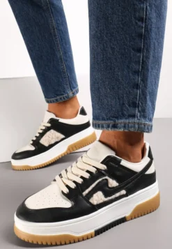 Czarno-Białe Sneakersy z Imitacji Skóry ze Wstawkami z Futerka Vaelisa