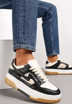 Czarno-Białe Sneakersy z Imitacji Skóry ze Wstawkami z Futerka Vaelisa