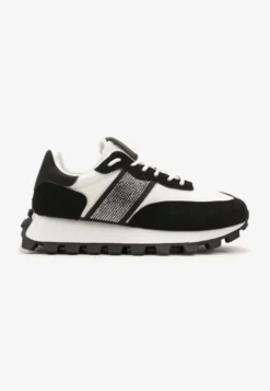 Czarno-Białe Sneakersy z Szerokim Protektorem i Brokatową Naszywką Thesalia