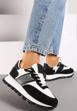 Czarno-Białe Sneakersy z Szerokim Protektorem i Brokatową Naszywką Thesalia