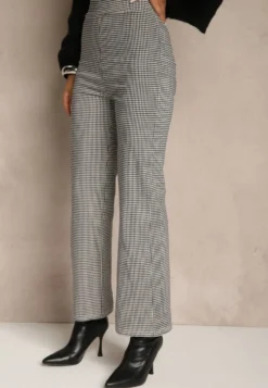 Czarno-Białe Spodnie z Bawełną o Szerokim Kroju High Waist z Wzorem Kraty Alimuna