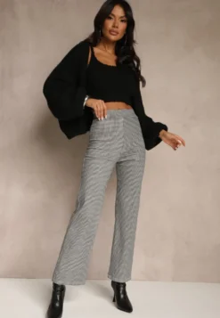 Czarno-Białe Spodnie z Bawełną o Szerokim Kroju High Waist z Wzorem Kraty Alimuna