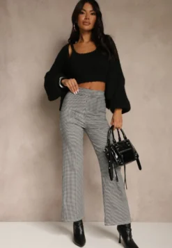 Czarno-Białe Spodnie z Bawełną o Szerokim Kroju High Waist z Wzorem Kraty Alimuna