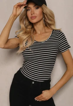 Czarno-Biały Bawełniany T-shirt Koszulka w Paski z Krótkim Rękawem Fralea