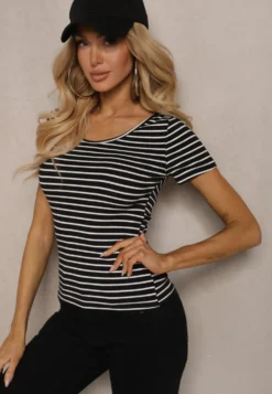 Czarno-Biały Bawełniany T-shirt Koszulka w Paski z Krótkim Rękawem Fralea