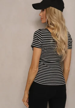 Czarno-Biały Bawełniany T-shirt Koszulka w Paski z Krótkim Rękawem Fralea