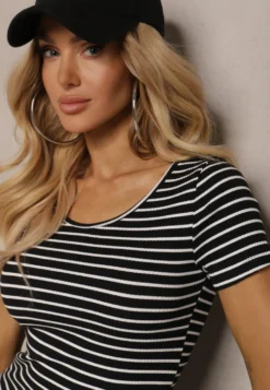 Czarno-Biały Bawełniany T-shirt Koszulka w Paski z Krótkim Rękawem Fralea