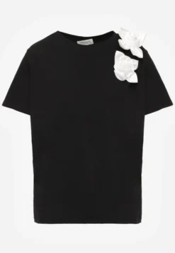 Czarno-Biały Bawełniany T-shirt o Klasycznym Kroju z Kwiatowymi Aplikacjami 3D Morgane
