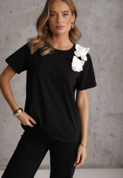 Czarno-Biały Bawełniany T-shirt o Klasycznym Kroju z Kwiatowymi Aplikacjami 3D Morgane