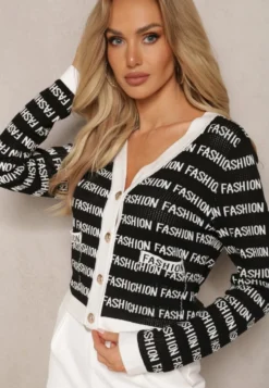 Czarno-Biały Krótki Kardigan z Napisami Fashion i Guzikami Winifa