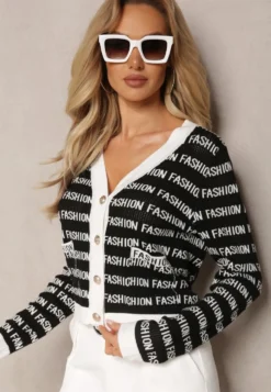 Czarno-Biały Krótki Kardigan z Napisami Fashion i Guzikami Winifa